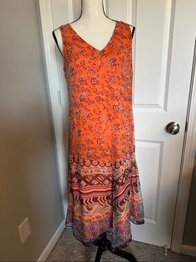 Sundance Medium Orange Floral Boho Midi Dress Rayon Border Print Sleeveless